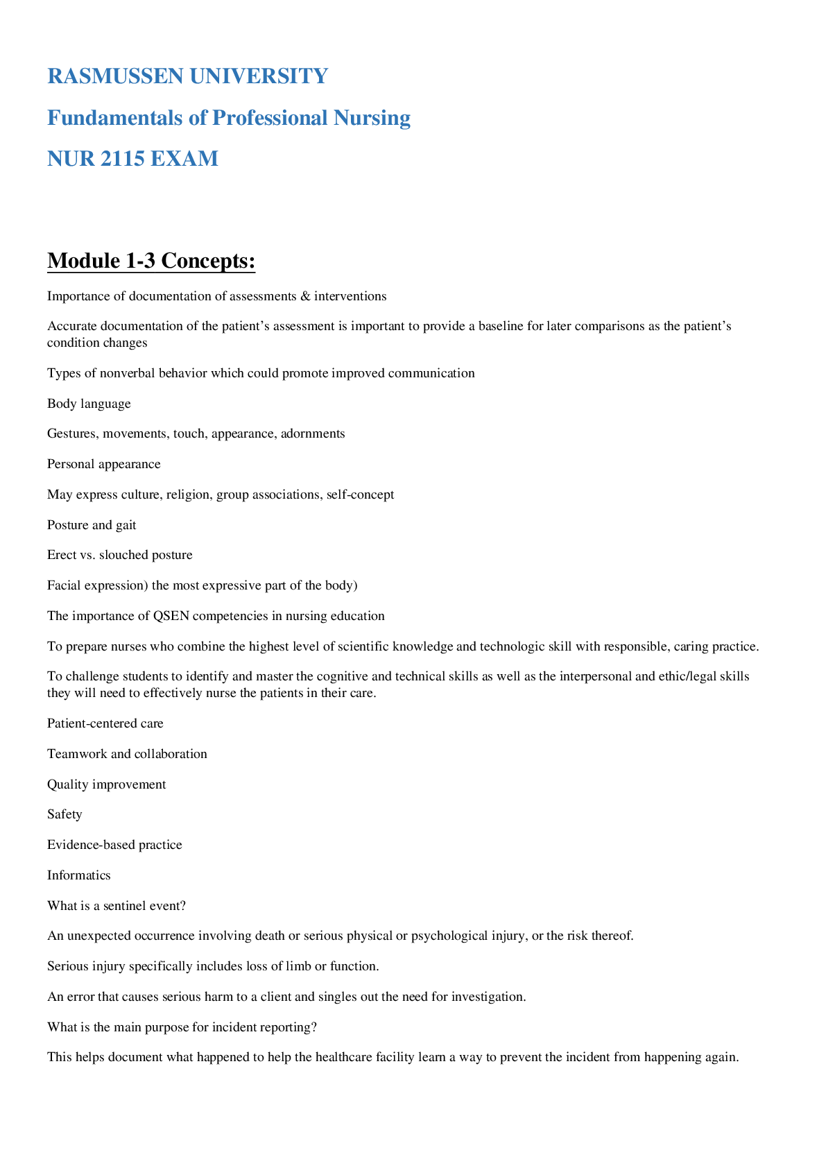 Preview image for RASMUSSEN UNIVERSITY Fundamentals of Professional Nursing  NUR 2115 EXAM